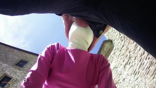 pink outfit in outdoor blowjob and oral creampie