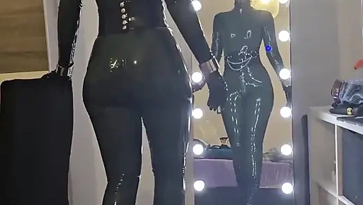 Gagged Latex Slave Girl Walks in Pony Heels and Ballet Boots on Treadmill and Gets an Orgasm at the End and a Cumshot on Her Fac