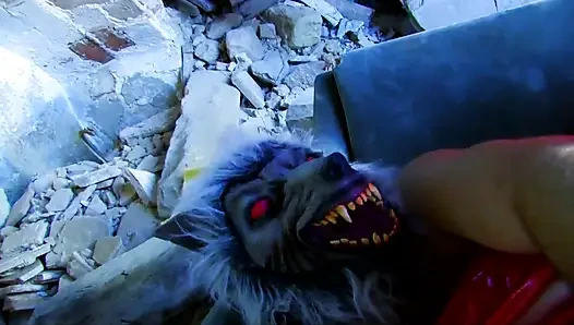 Sexy little red riding hood gives a blowjob to the werewolf