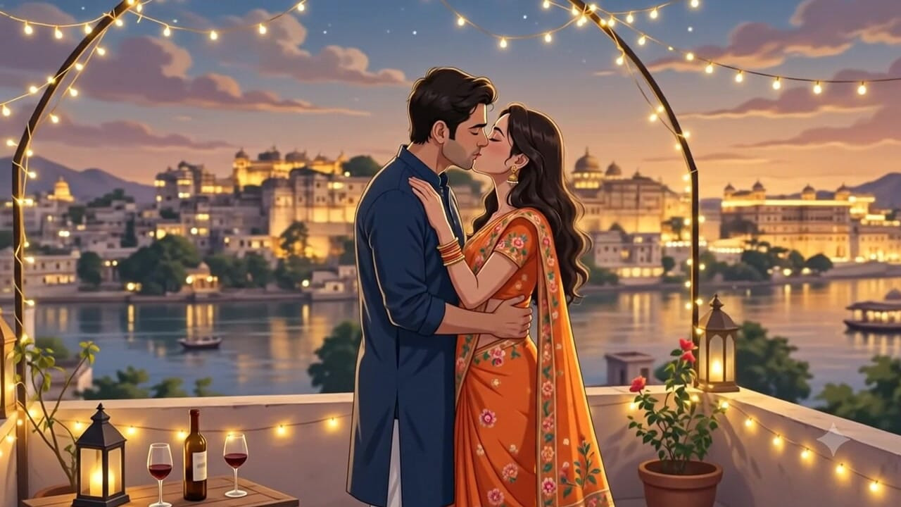 Deep kissing couple scene