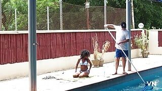 Sexy Ebony MILF Fucks Older White Caretaker in the Pool