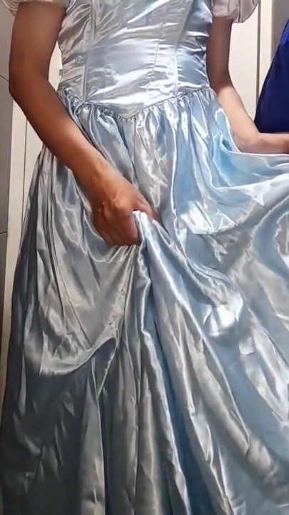 Crossdresser Cum Wearing Elegant Satin Ball Gown | Clip 1
