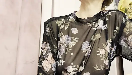 Trying my new sheer blouse in a caffe, showing my hard pierced nipples in public.