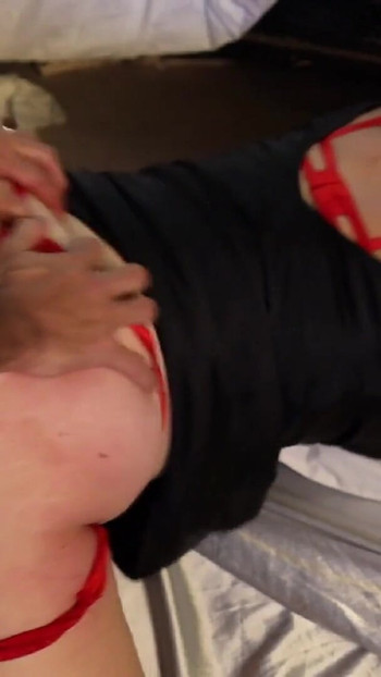 Stunning moment from "191 - White Slut, Leather Dress, Red Satin Lingerie, Rimming, Blowjob, Fuck"