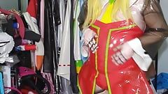 Kigurumi Roll din PVC iepuraș costum joc cu respirație și vibrator cu mâini libere