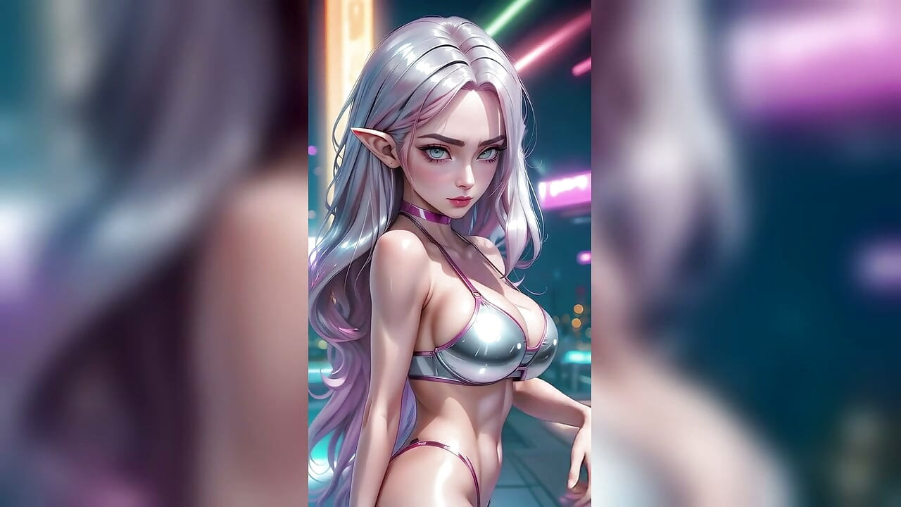 Pink Hair Elf Silver Bikini Neon City Dance - Sexy AI Babes