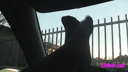 Nyllady's Footjob to Gearshift and Wheel in Patterned Pantyhose