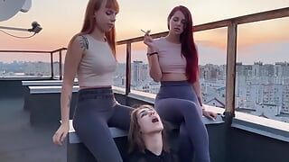 Lezdom Public Spitting and Smoking Humiliation with Double Domme