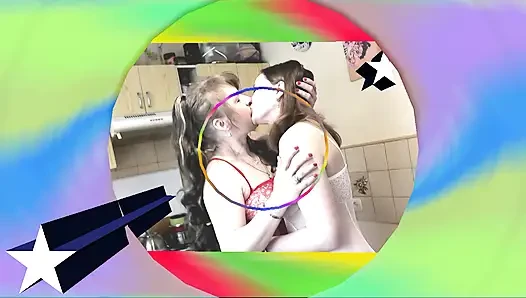 Two girls Lesbians Old young Hot woman blonde mature MILF and cute girl brunette teenager virgin kiss in kitchen Close Up  Ass