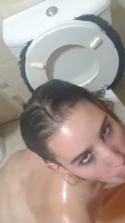 Toilet slave sucking cock and piss covered dildo, head flush | Clip 1