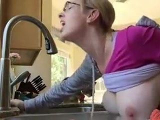Huge boobs milf feeling step son cock in kitchen