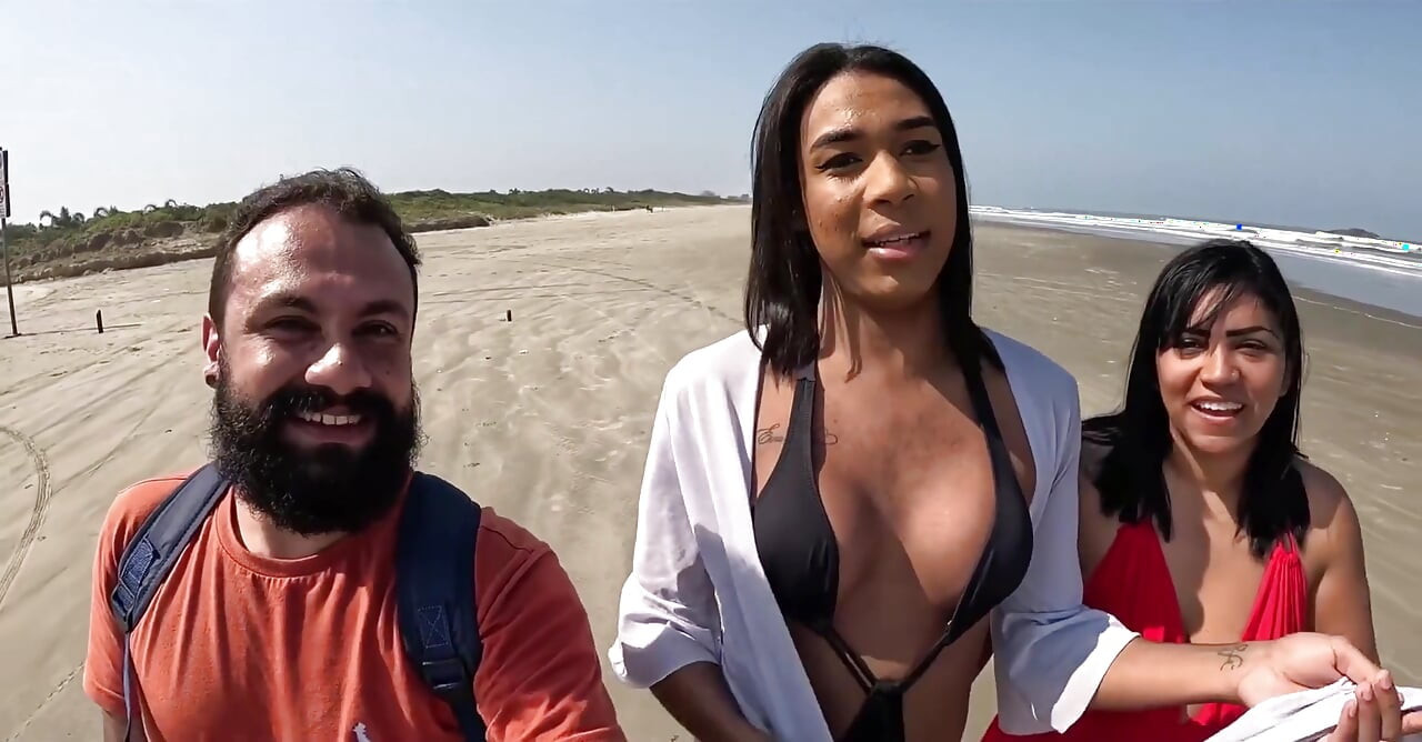 Baianinha Trans Fucks Couple on the Beach