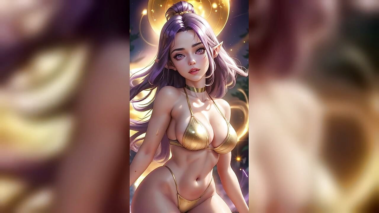 Elfa dai capelli viola in bikini dorato che balla nella foresta magica - Sexy AI Babes