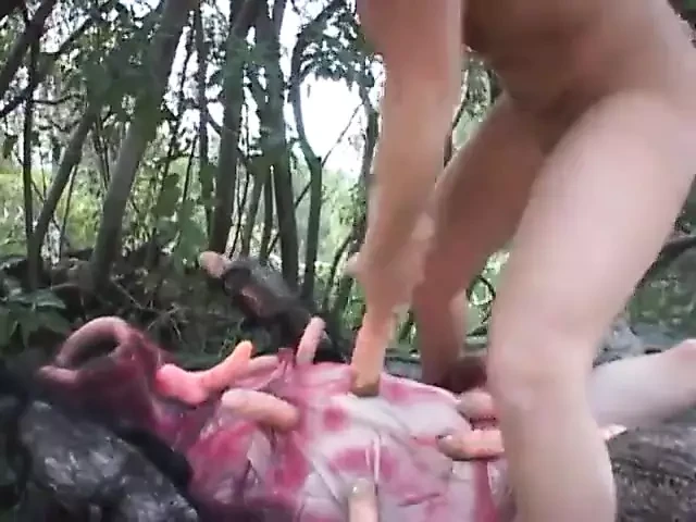Wild cock thing attacks blond with sexy ass and fucks her outdoors