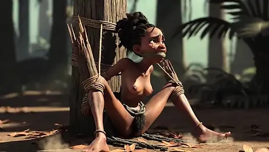 African Girl Bound in Rope Bondage - Hairy Wet Pussy Craving for Cock