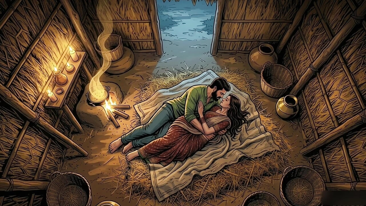 Raju and Seema started making a hut in the jungle and started having sex.