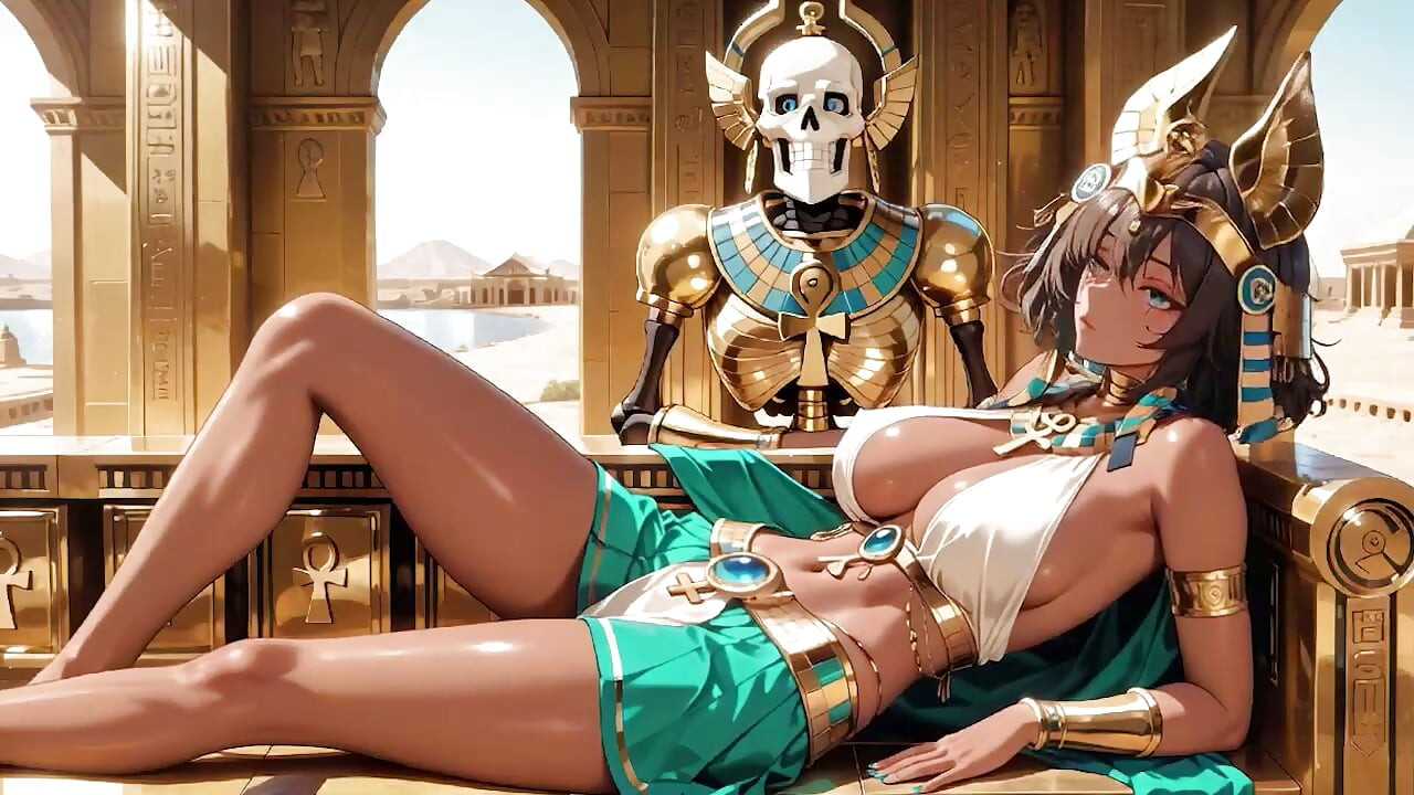 Languid on the golden throne, she runs fingers over her full chest with a hazy, arro