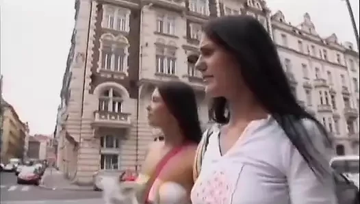 Two sexy brunette co-eds are joined by three dudes for a fuckfest