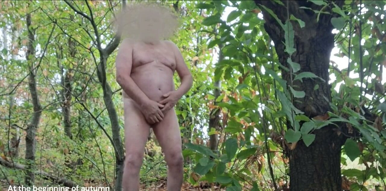 Being naked outside in the woods during the beginning of autumn, with falling leaves, feels good