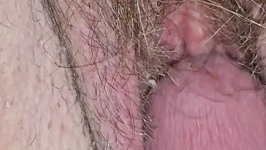 Teasing her hairy pussy and another creampie