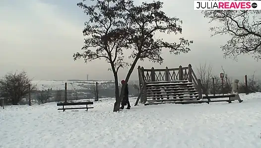 Sexy redhead rides a hard cock out in the cold snow