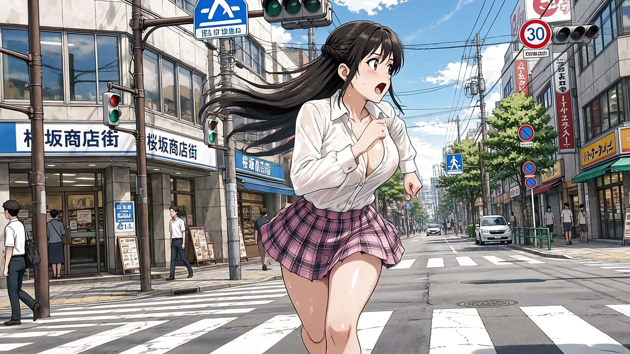 Running down a bustling street, exposing her huge breasts beneath her clothes