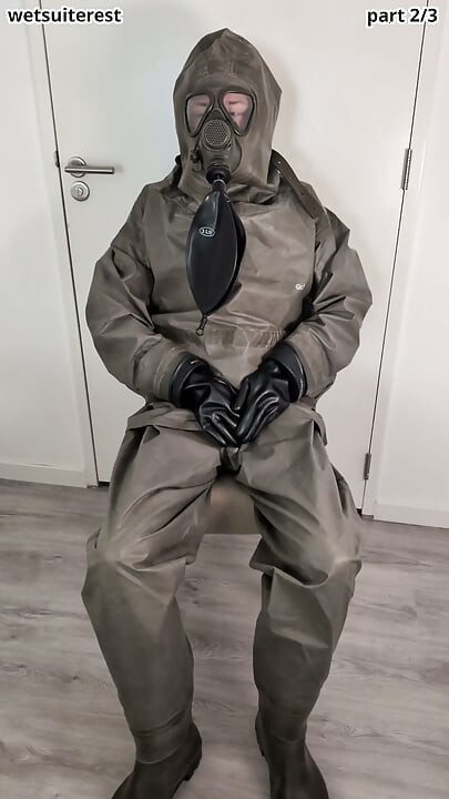 Breathplay masturbation Zodiac Zodiak heavy rubber hazmat suit with gasmask rebreathing bag, gloves, boots