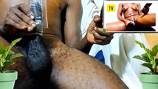 Solo masturbation with eggplant and bottle while watching hot porn video till I got CUM. Fucking as if it was real Pussy!