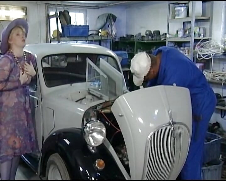 BBW German slut rides dick in the mechanic salon