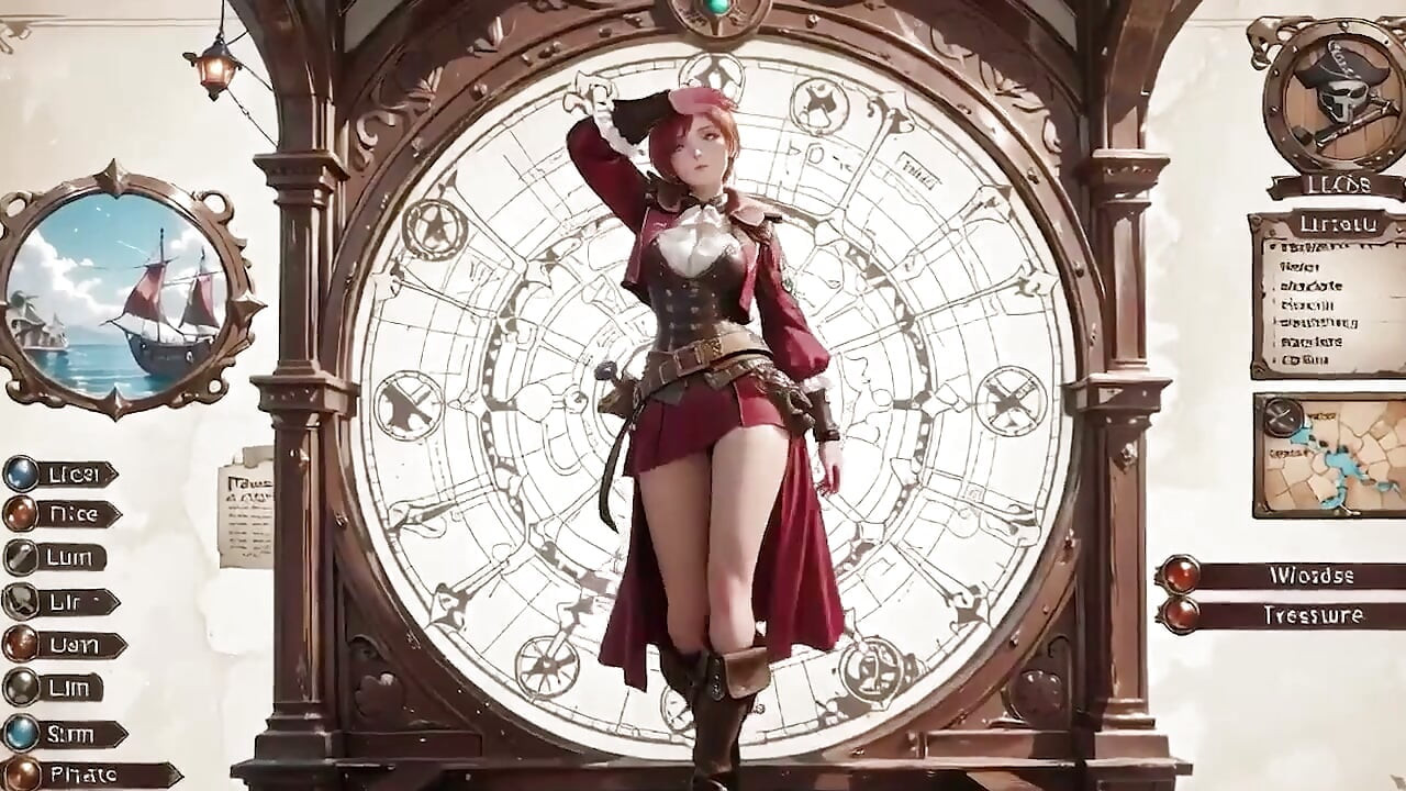 Ruiva capitão pirata! Brincando com sua cutlass em uma cabine de navio vintage.