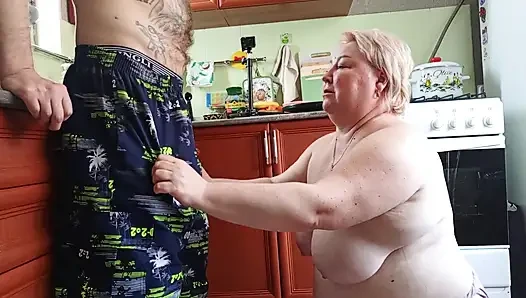 I Jerk off and Suck My Stepson's Dick and Get a Portion of Cum on My Face