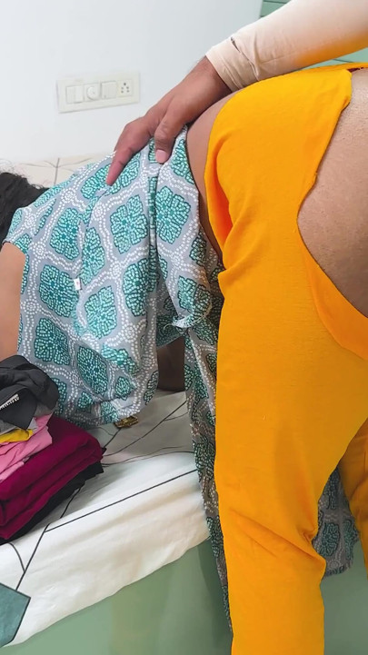 Komal was cleaning her mistress Madam's house, folding her clothes and the owner started kicking her ass from behind. | Clip 1