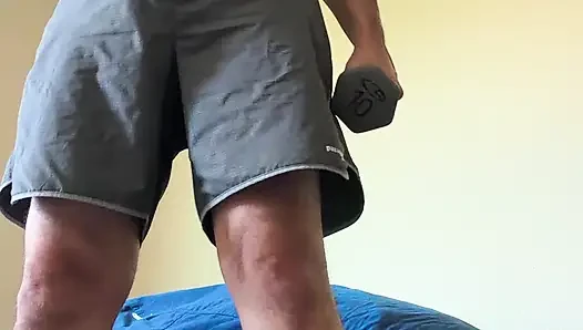 Lifting weights with my shirt off. My big sexy hairy chest is out in full force