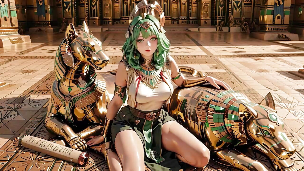 緑髪のエジプト女王！黄金の間にて、スフィンクスたちに守られ跪く。