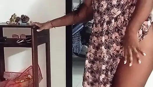 My neighbor welcomes me in a mini dress