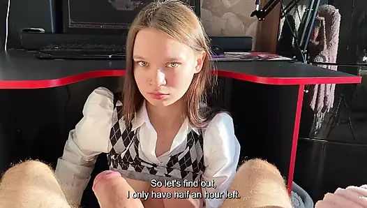 Computer Studies porn video – Stepdaughter prevents Stepfather play a computer game. But she Sucks Dick well with a Swallow part 2