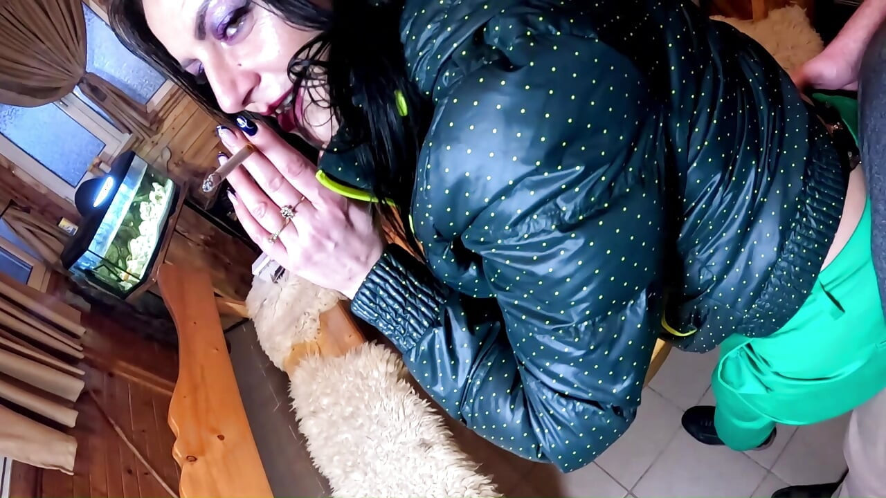 Green Downjacket Tease Smoking, Humiliation & Messy Cum Play