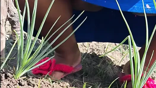 Heiße stiefmutter ging in einem kleid ohne höschen in den garten und nachbarin filmte