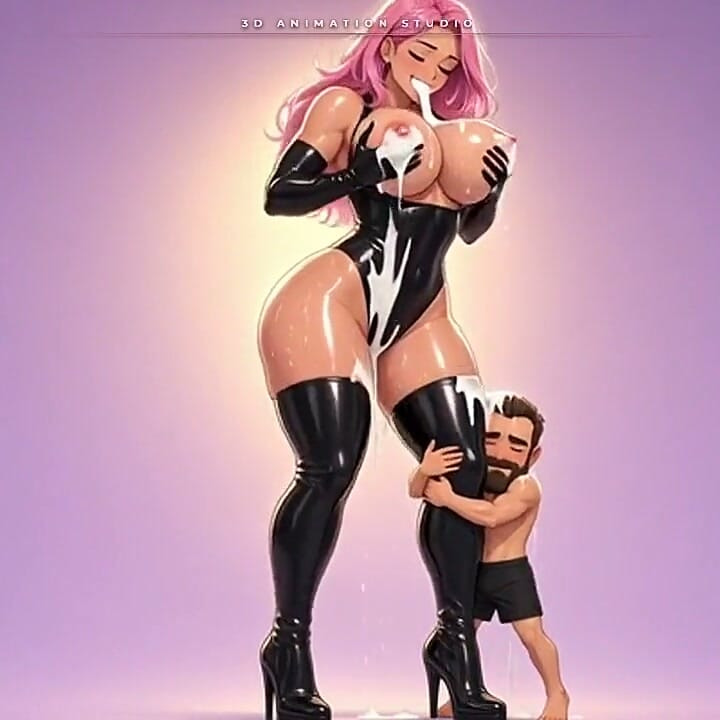 Pink-haired Anime Latex Giantess Squeezes Milk From Her Huge Tits as a Tiny Man Hugs Her Boot