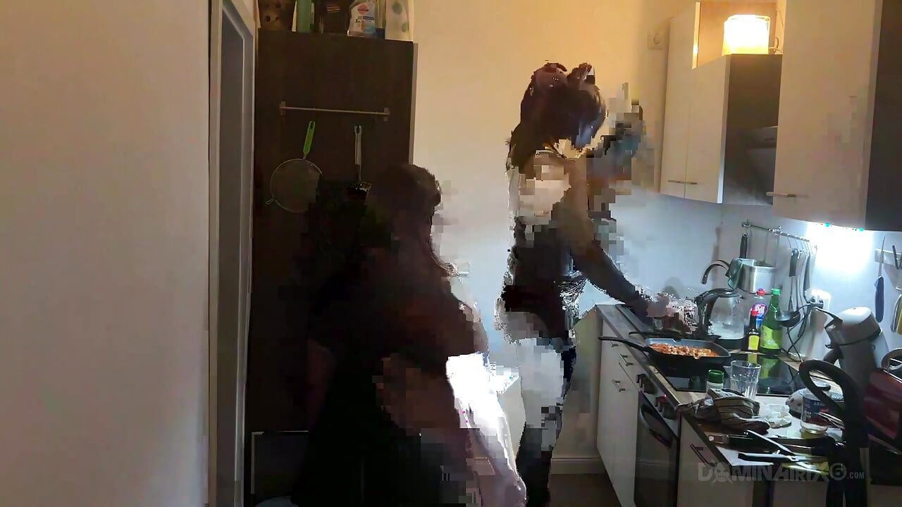 Dominant MILF Stretches Latex Sub's Ass Wide in Kitchen