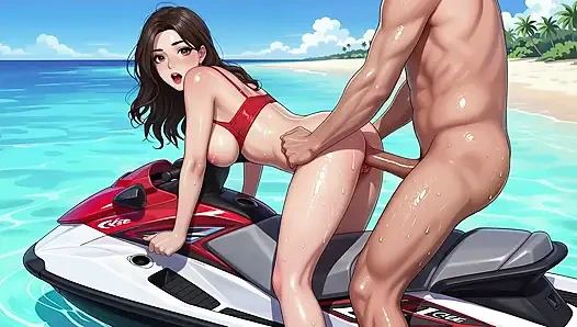 A beautiful woman in a Korean-style comic style, a Korean beauty, on a beautiful seaside motorboat! New style,   AI generated