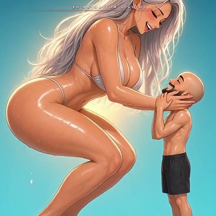 Une bombasse anime géante aux cheveux argentés s’accroupit pour embrasser son homme minuscule