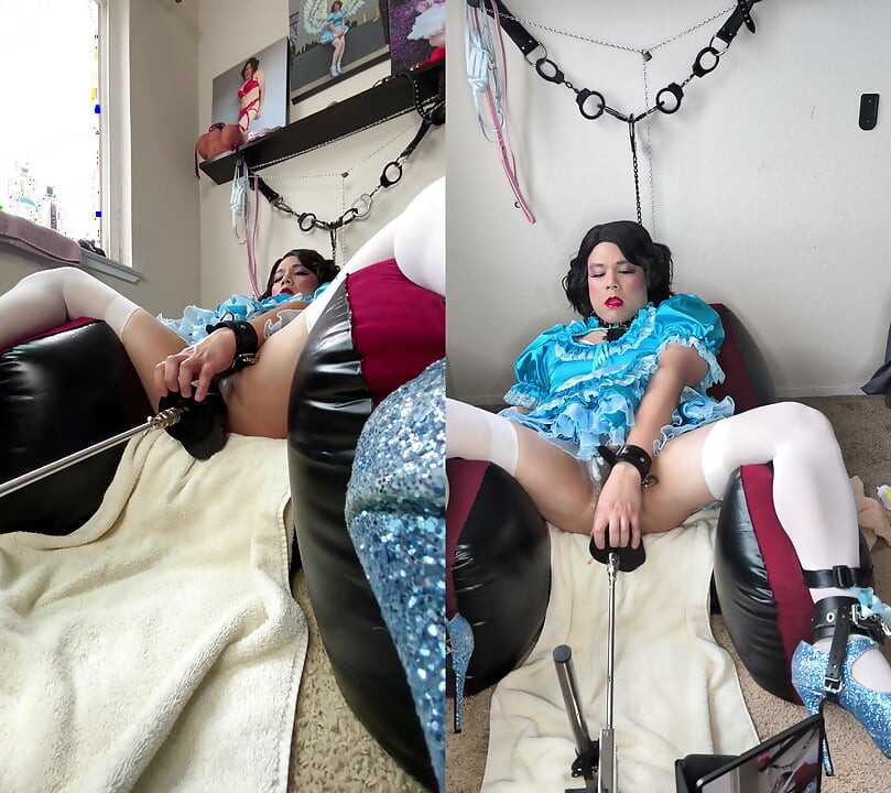 Sissy Candy on Her Inflatable Chair in Self Bondage with Her Fucking Machine