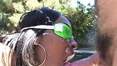 Ebony with saggy tits gets cock by the pool