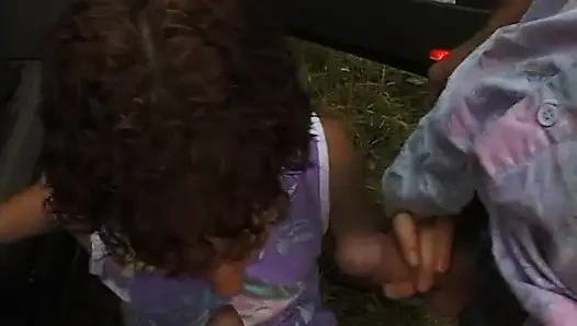 Granny sucks a chunky cock then gets fucked in the bushes
