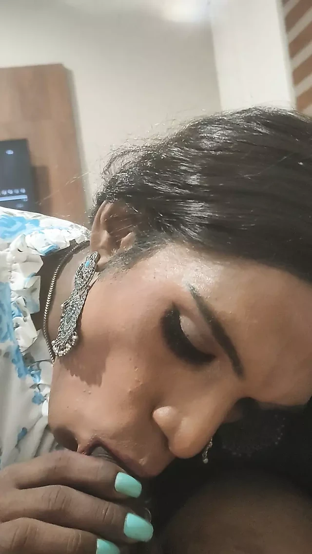 Indian sissy crossdresser sucking boyfriends hard cock