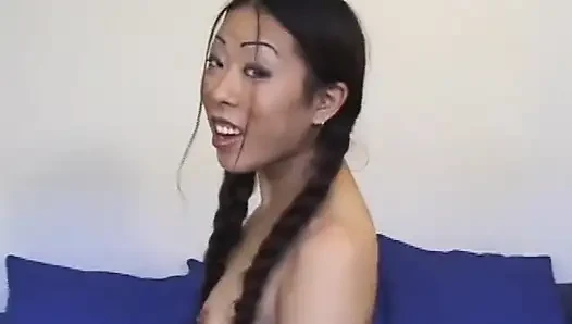 Asian babe pussy fucking big dick sucking in a college uniform...cum in mouth
