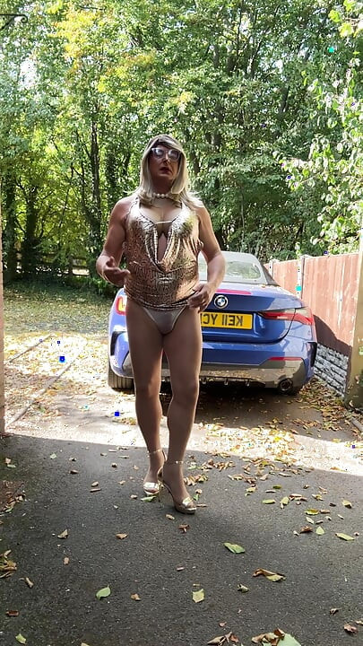 Sexy Crossdresser kellycd2022 in gold leopard print dress tan pantyhose and heels s