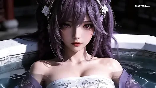 Memek berambut violet dihancurkan dengan 3 arah dengan tamparan wajah (AI-Generated)