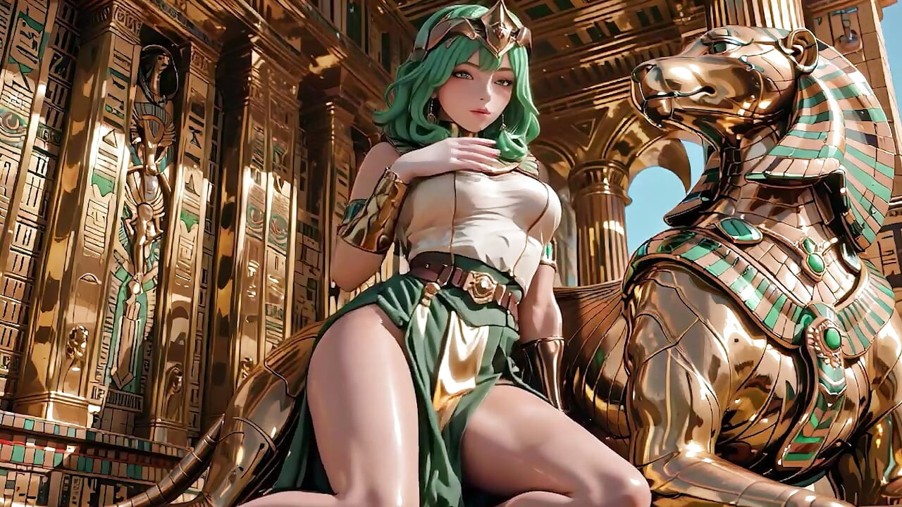 Green-Haired Egyptian Queen! Kneeling in the Golden Hall, guarded by Sphinxes.